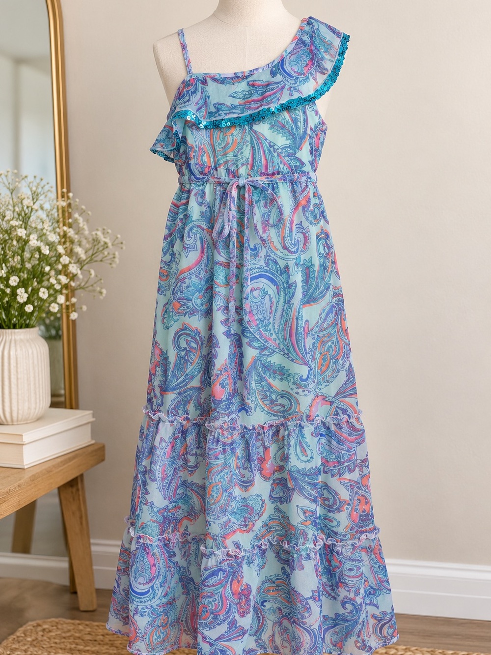 Justice Store Girls 12 Paisley Sequin One Shoulder Maxi Dress Tiered